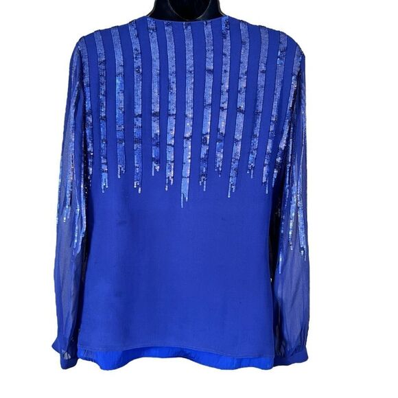 Frederika May Royal Blue Sequined Silk Long Sleeve Blouse - Picture 11 of 11